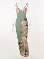 V-neck Camisoles Printed Sexy Backless Maxi Dresses