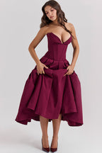 Strapless Plunging V-Neck Corset Bodice Box Pleat A-Line Midi Dress
