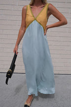 V Neck Color Block Sleeveless Maxi Swing Dress
