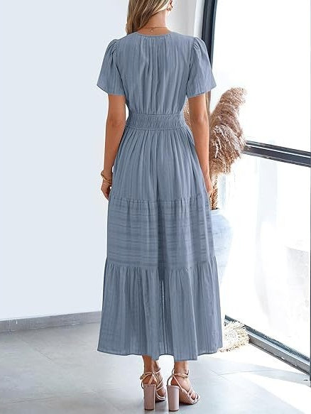 V-neck, Gathered, Puff Sleeve, Full Skirt, Short-sleeved Long Dress