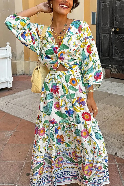 3/4 Sleeves Twist Front Floral Print Tiered Maxi Dress
