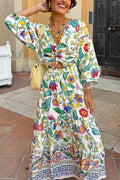 3/4 Sleeves Twist Front Floral Print Tiered Maxi Dress