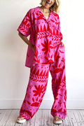 Unique Print Short Sleeves Blouse Shirt Elastic Waist Wide Leg Pants Set