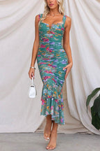Mesh Overlay Ruched Floral Bodycon Midi Cami Dress