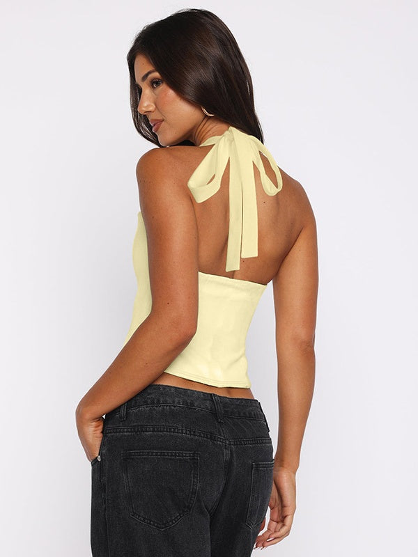 Hollow-out Bralette With Underwire, Tight-fitting Solid Color Halter Neck Double-layer Vest