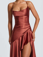 Spaghetti Strap Backless Ruffled Irregular Long Dress