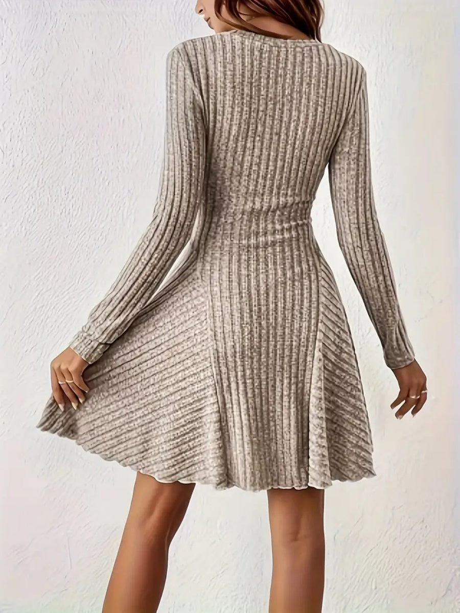 Pit Strip Knitting V-neck Long Sleeve Long Skirt Mini&Short Dresses