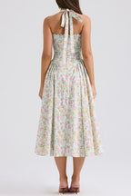 Halter Ruched Waist A-line Printed Midi Sundress