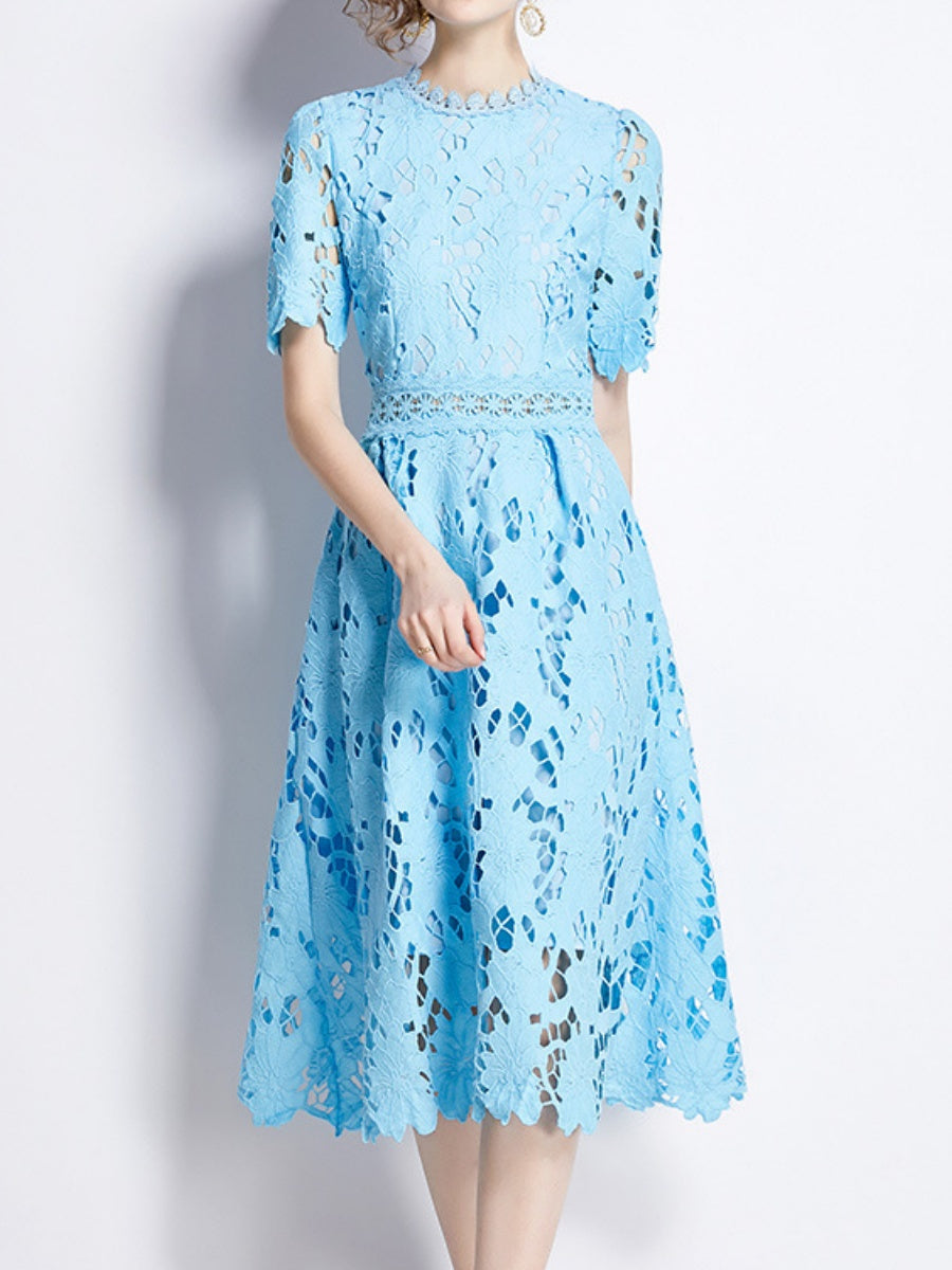 Water-soluble Lace Short-sleeved Slim-fit Midi Dress
