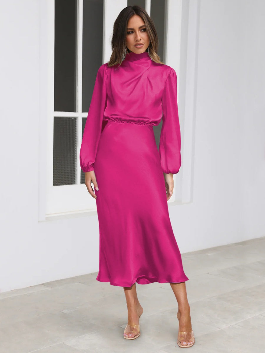 Satin Long Sleeve Zipper Solid Color Maxi Dresses