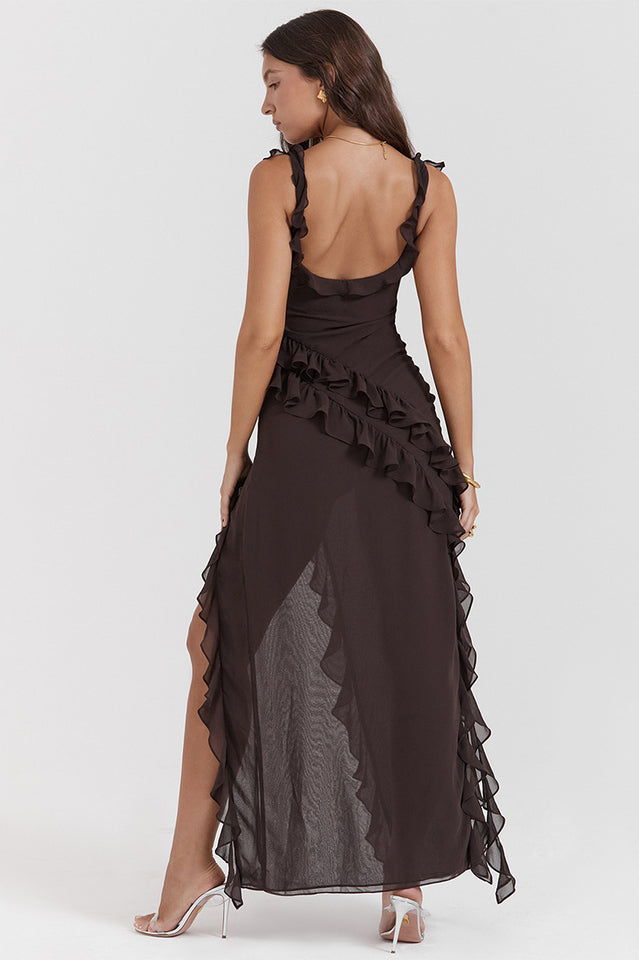 Square Neck Ruffle Strap Thigh Slit Asymmetric Ruffle Hem Maxi Dress