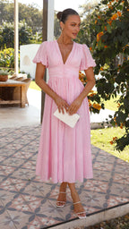 Puff Sleeve V-Neck Smocked Waist Button Front A-Line Maxi Dress