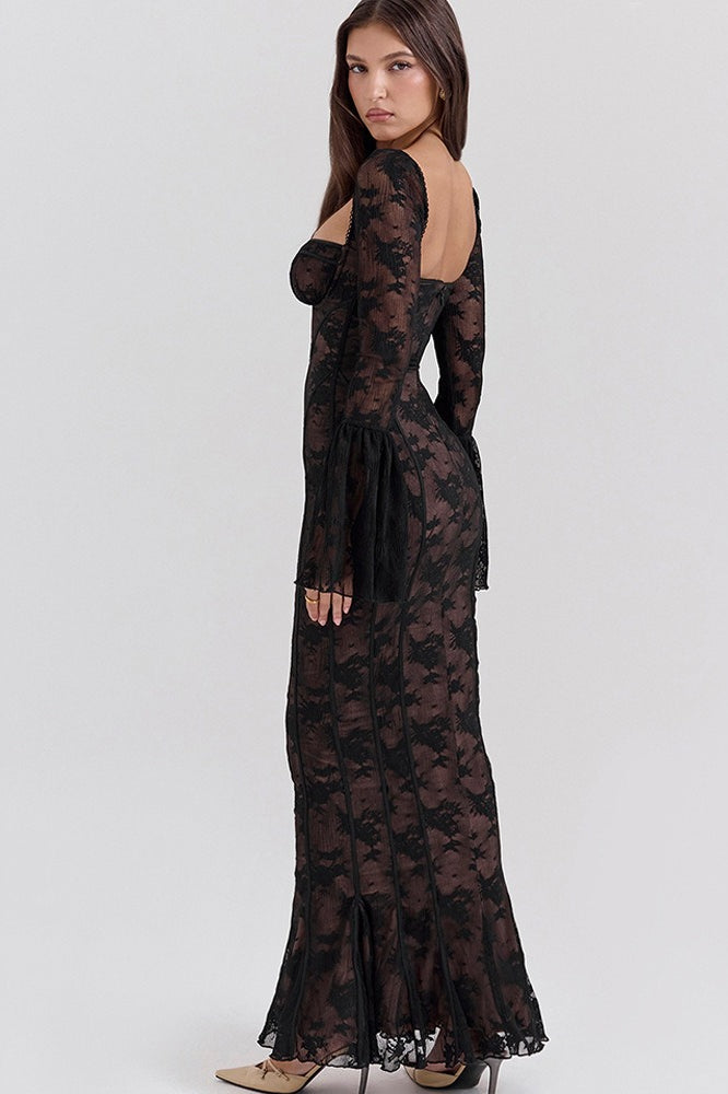 Lace Square Neck Milkmaid Tie Front Corset Seam Bell Sleeve Mermaid Maxi Dress