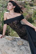 Off Shoulder Floral Lace Paneled Back Train Maxi Gown