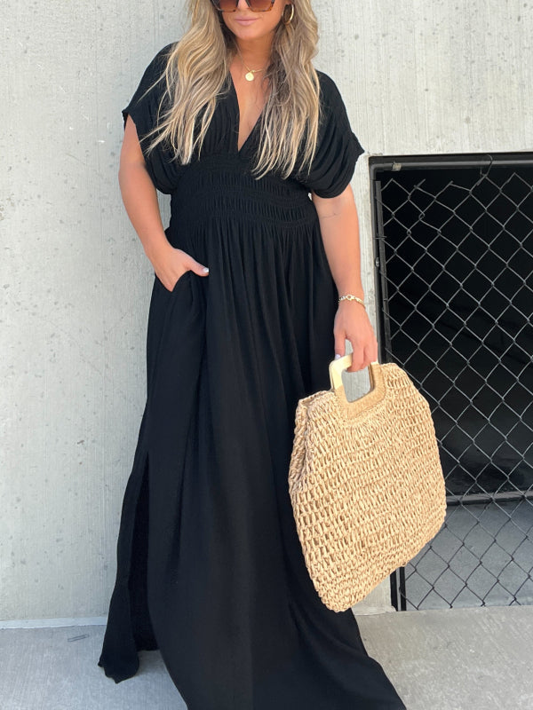 Deep V-Neck Flutter Sleeve Smocked Waist Pocket Side Slit Maxi Dress