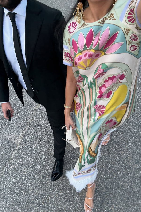 Jazlynn Satin Colorful Baroque Style Printed Short Sleeve Feather Trim Maxi Dress