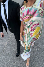 Jazlynn Satin Colorful Baroque Style Printed Short Sleeve Feather Trim Maxi Dress