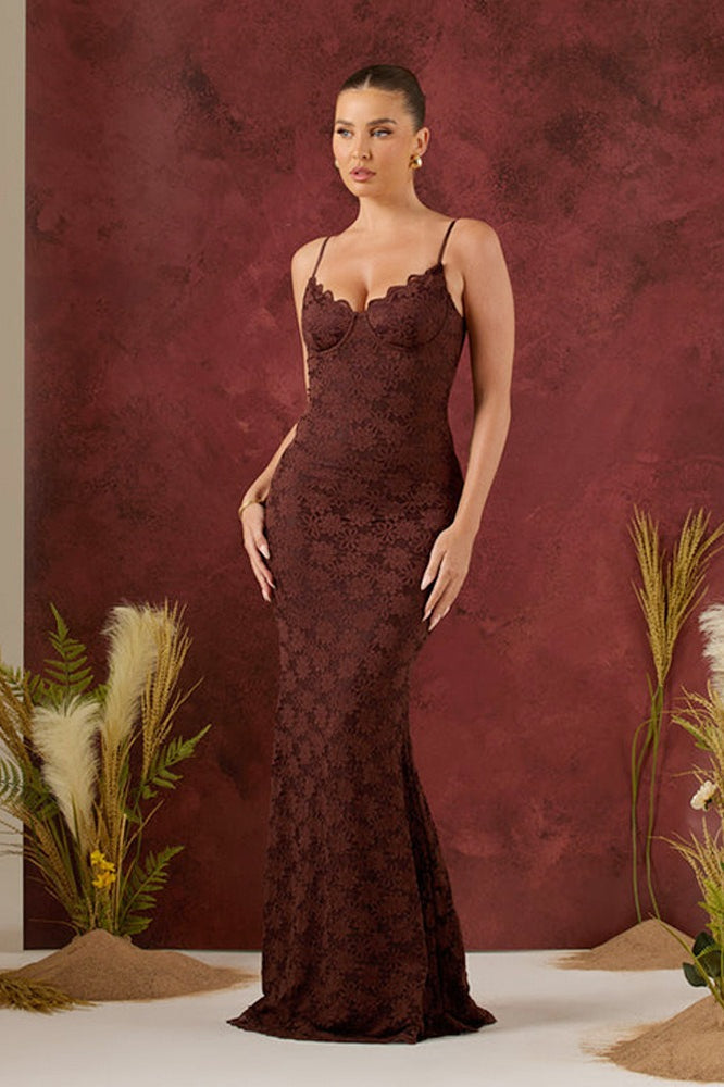 Spaghetti Strap Sweetheart Lace Bustier Mermaid Maxi Dress
