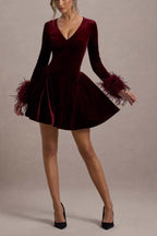 Red Long Sleeve V-Neck Mini Dress