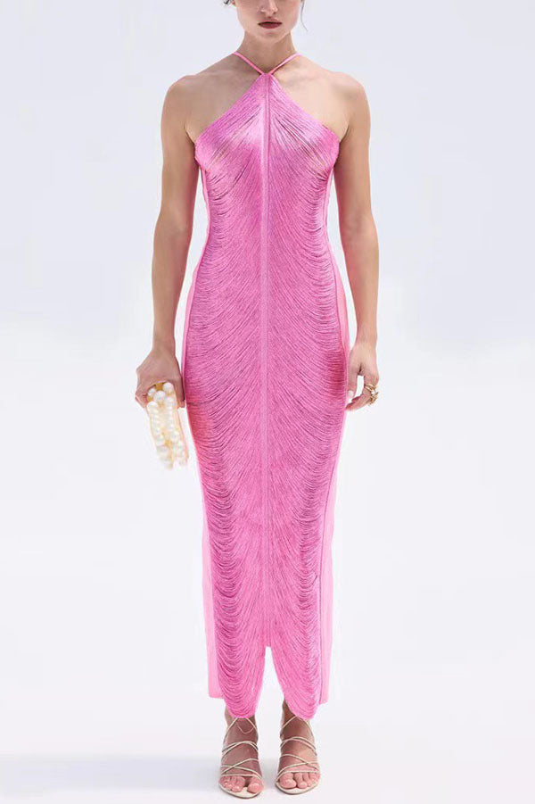 Metallic Pleated Fringe Halter Neck Backless Slit Maxi Gown