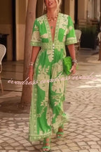 Plant Print V-Neck Short Sleeve Button Loose Pocket Jumpsuit