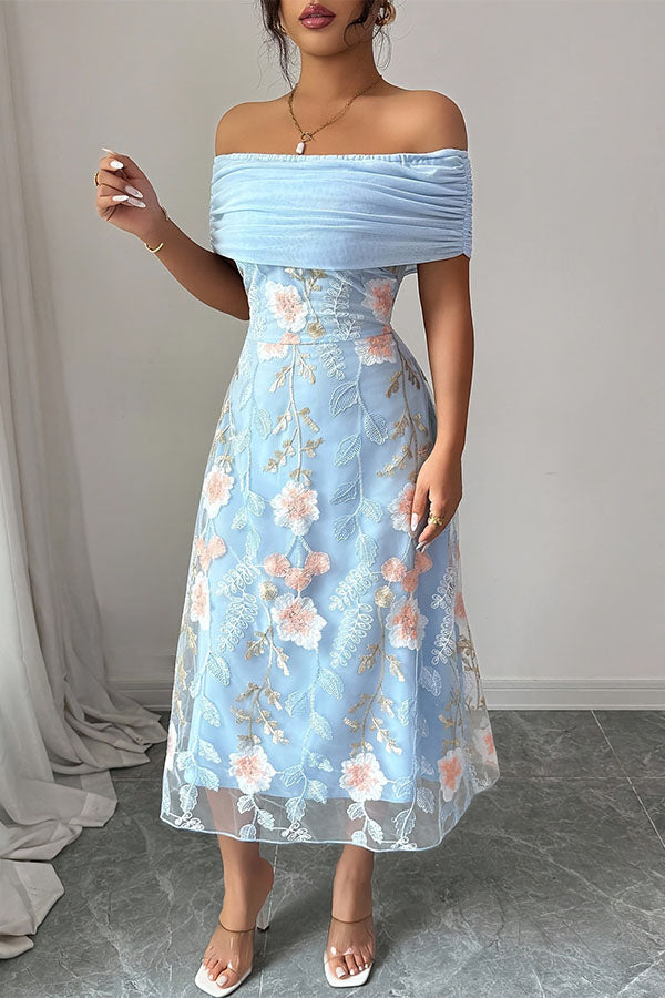 Elegant Ruched Off-Shoulder Floral Appliqué Midi Dress