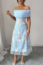 Elegant Ruched Off-Shoulder Floral Appliqué Midi Dress