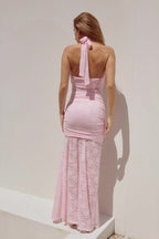 Lace Halter Sweetheart Ruched Sheer Panel Center Ruffle Maxi Dress