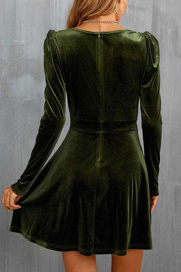Velvet Surplice V-Neck Puff Sleeve Fit and Flare Mini Dress