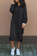 Solid Color Casual Hooded Lace-up Pocket Sweatshirt Style Midi Dress