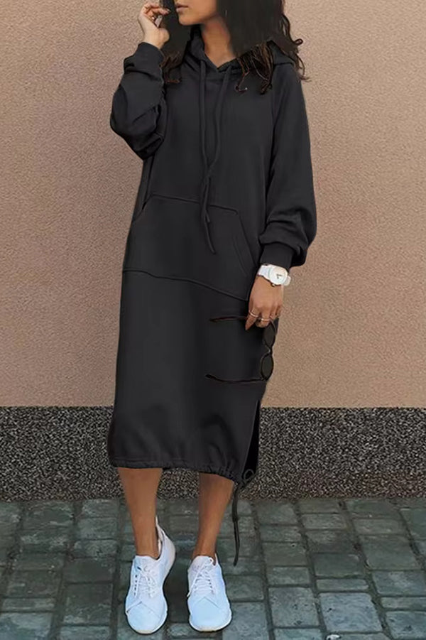 Oversized Hooded Kangaroo Pocket Drawstring Hem Side Slit Midi Sweatshirt Dress
