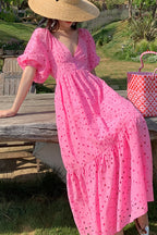 Eyelet Deep V-Neck Puff Sleeve Smocked Empire Waist Tiered Maxi Dress