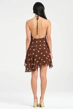 Polka Dot Halter Cowl Neck Ruffle Hem Mini Dress