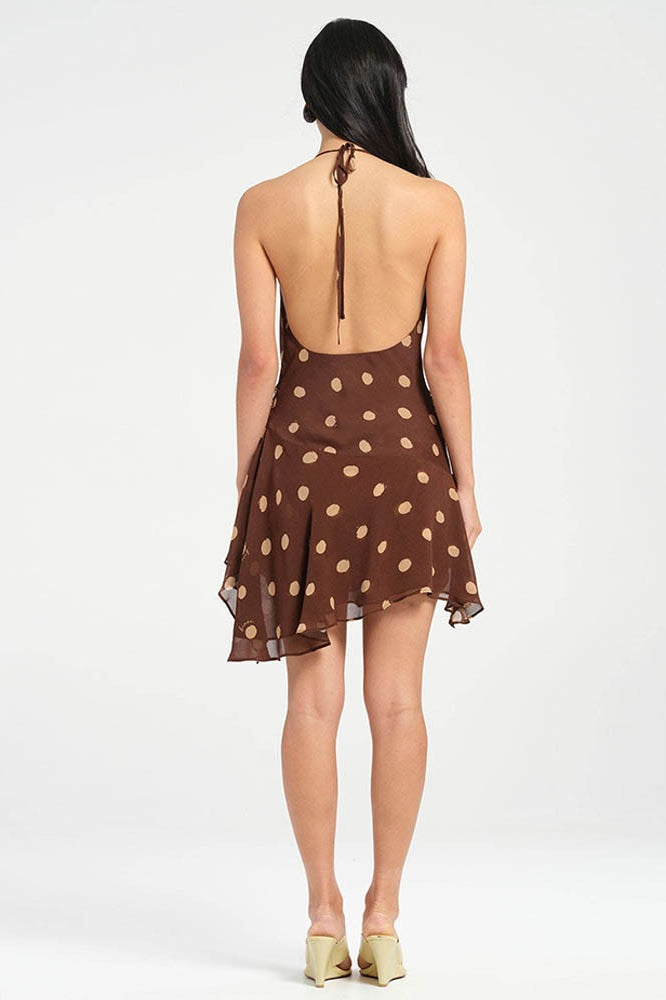 Polka Dot Halter Cowl Neck Ruffle Hem Mini Dress