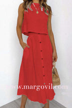 Sleeveless Crop Top and Button Down Skirt Cotton Linen Two Pieces