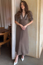 Polka Dot V-Neck Lace Trim Puff Sleeve Midi Dress
