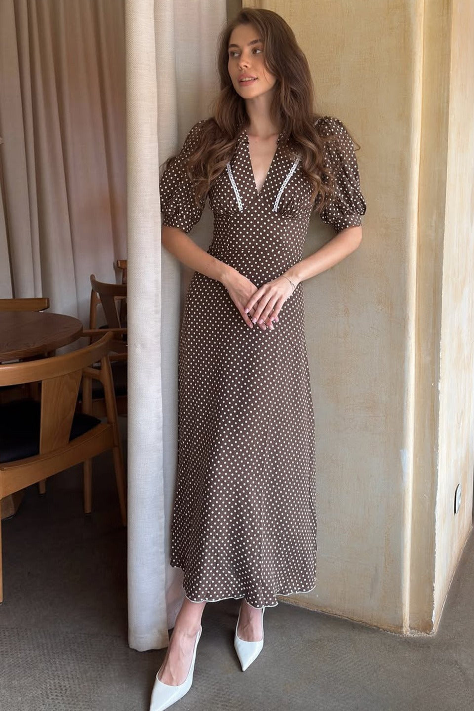 Polka Dot V-Neck Lace Trim Puff Sleeve Midi Dress