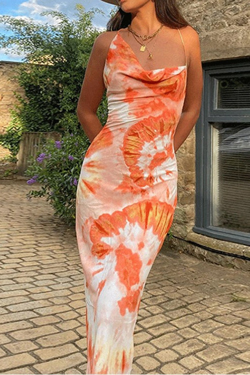 Orange Spaghetti Strap Cowl Neck Spiral Tie Dye Print Bodycon Maxi Dress