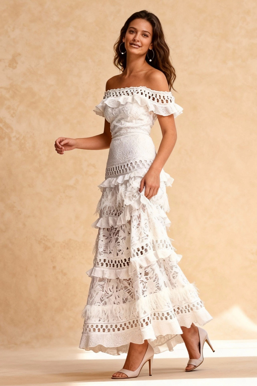 Lace Off Shoulder Ruffled Tiered Maxi Dress