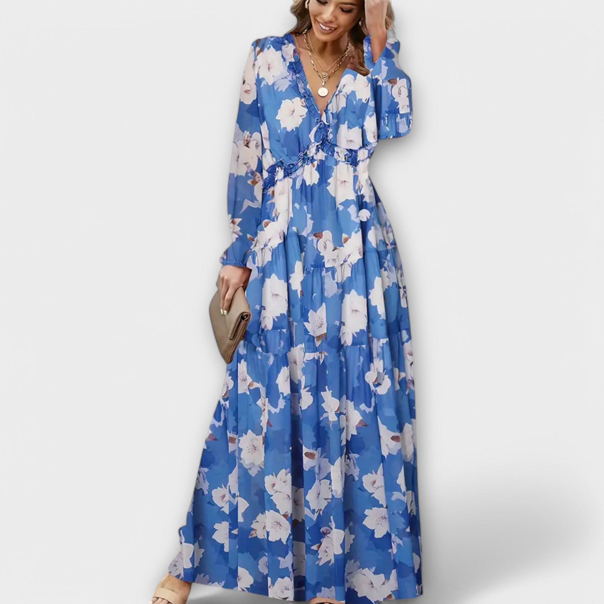 Floral Print Deep V-Neck Ruffle Trim Lantern Sleeve Tiered Maxi Dress
