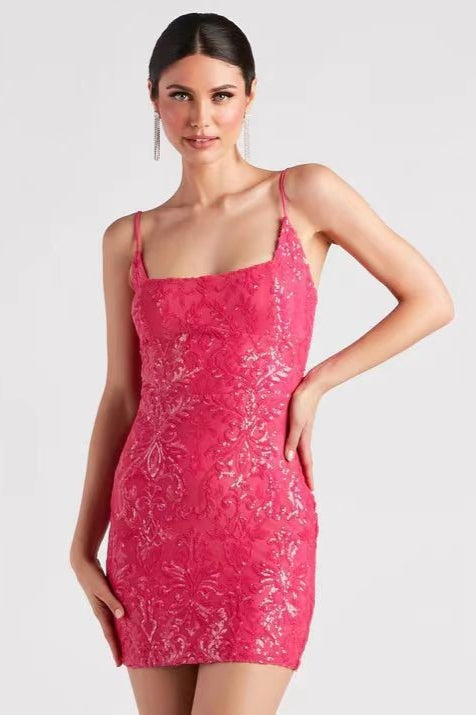 Sequin Damask Square Neck Spaghetti Strap Bodycon Mini Dress