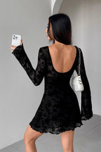 Black Sweetheart Neck Bow Detail Keyhole Flocked Floral Mesh Bell Sleeve Mini Dress