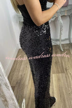 Glitzy Glamour Sequin High Rise Elastic Waist Wide Leg Pants