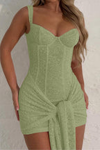 Floral Lace Bustier Corset Seam Front Knot Hip Tie Bodycon Mini Dress