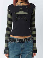 Stripe Star Print Patchwork Slim Long Sleeve Tee