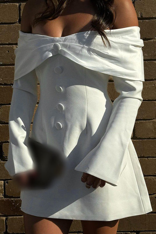 Off Shoulder Button Front Long Sleeve Bodycon Mini Dress