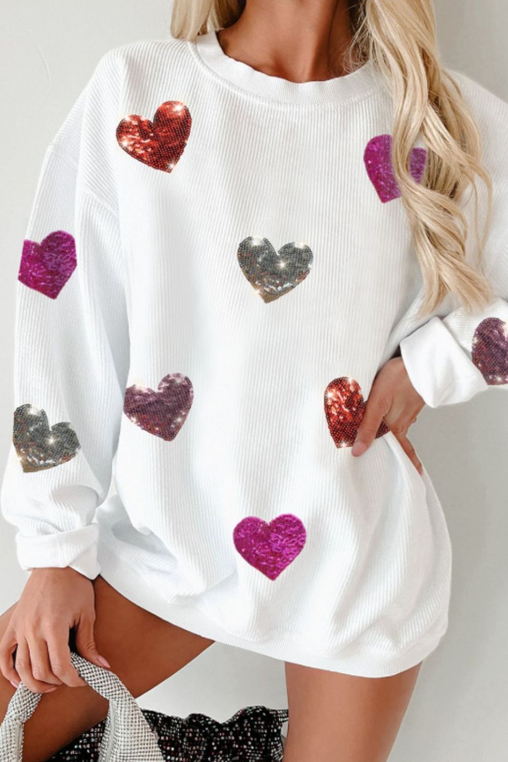 Blue Zone Planet | Valentine__ Day Sequin Heart Round Neck Long Sleeve Sweatshirt