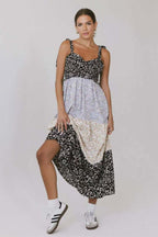 Gingham Patchwork Floral Print Boho Dress