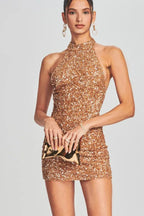 Sequin Halter Neck Sleeveless Bodycon Mini Dress