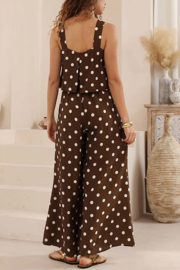 Polka Dot Print Loose Sleeveless Casual Wide-leg Jumpsuit